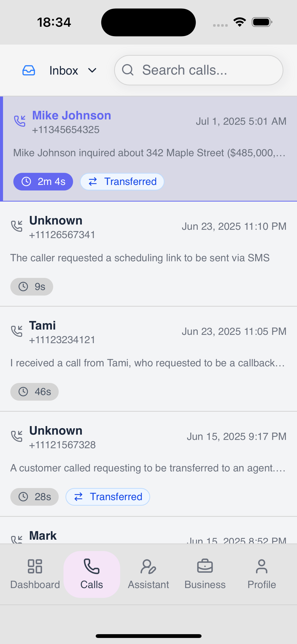 Calls Mobile Interface