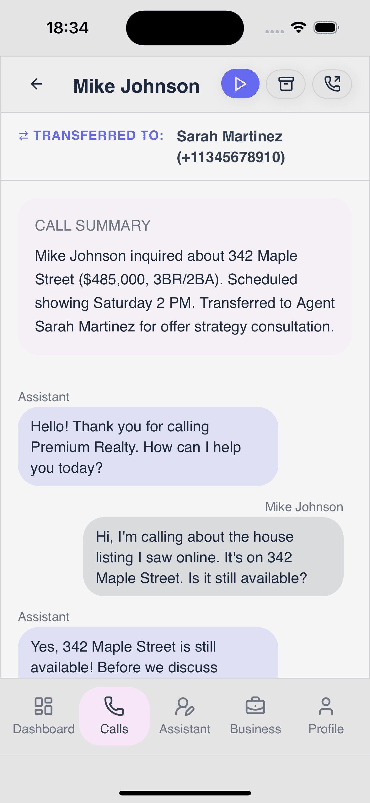 Call Details Mobile Interface