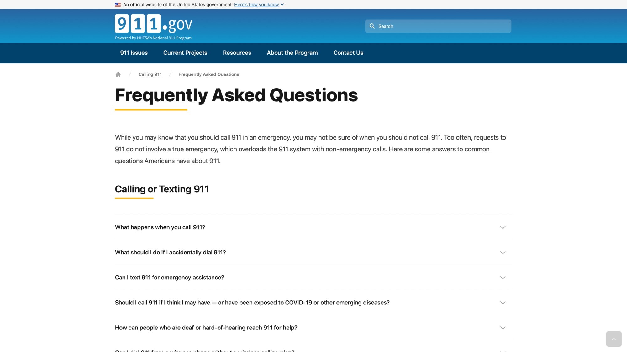 Official 911.gov frequently asked questions page showing emergency call handling protocols