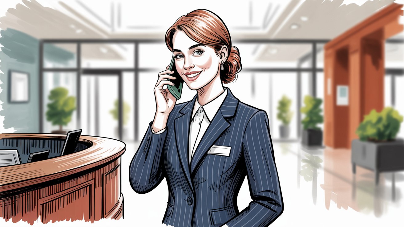 Professional receptionist answering business phone calls in modern office
