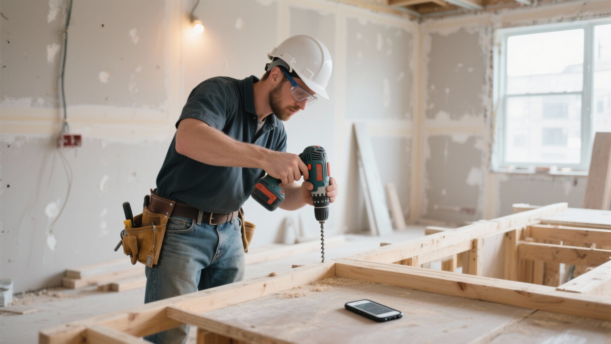Professional contractor using power drill on wooden frame at construction site while smartphone lies out of reach on work surface