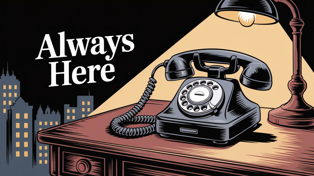 Vintage phone on desk with warm lighting against nighttime cityscape, illustrating 24/7 after-hours answering service availability for law firms