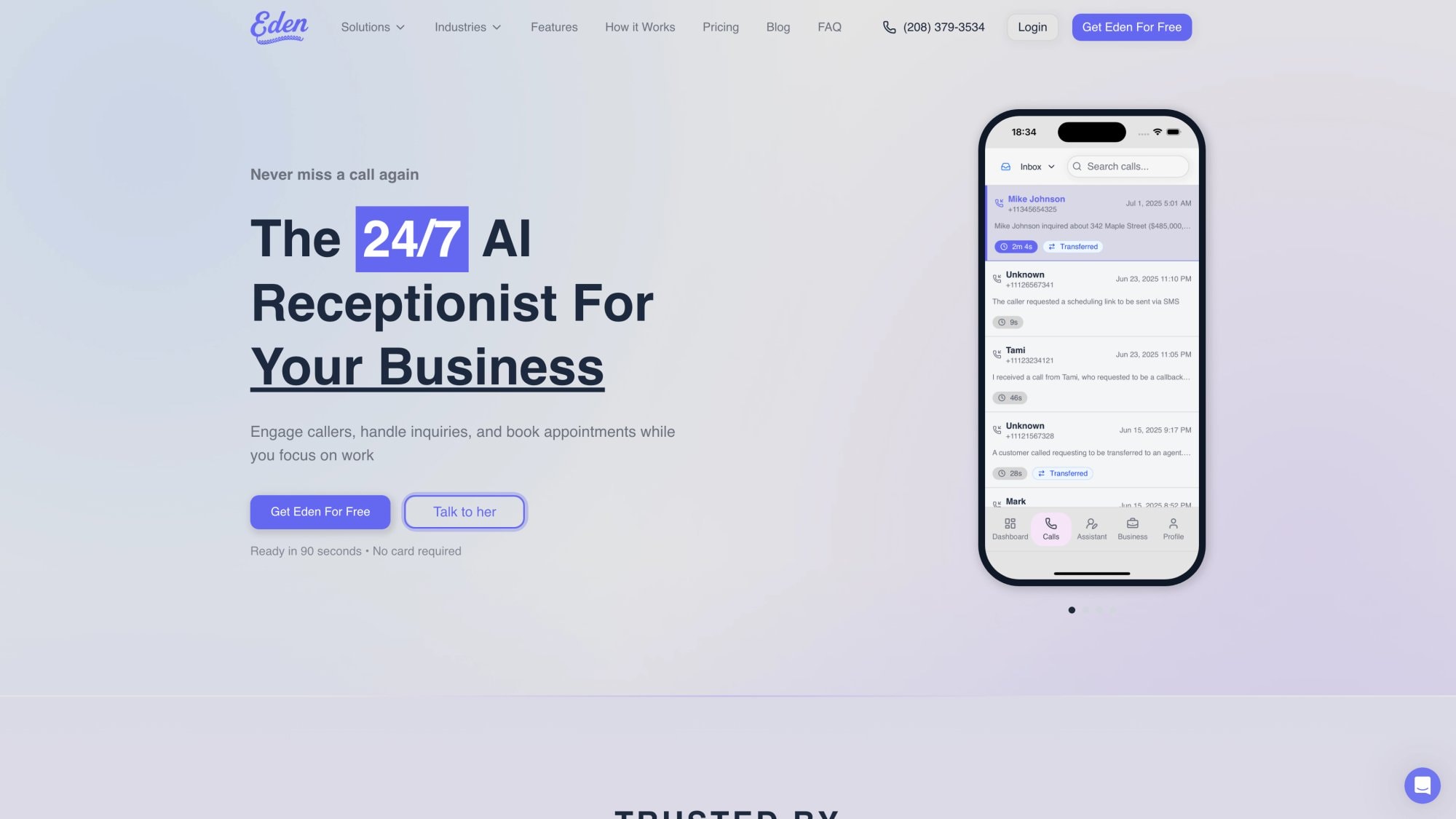 Eden AI receptionist homepage showing the 24/7 answering service interface with call inbox dashboard and Get Eden For Free CTA