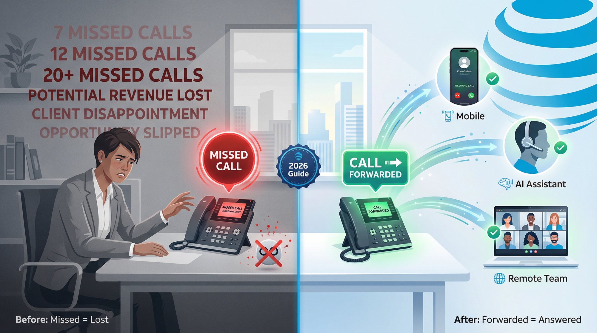 Split-screen illustration showing frustrated business owner missing calls on left versus professional call forwarding setup on right