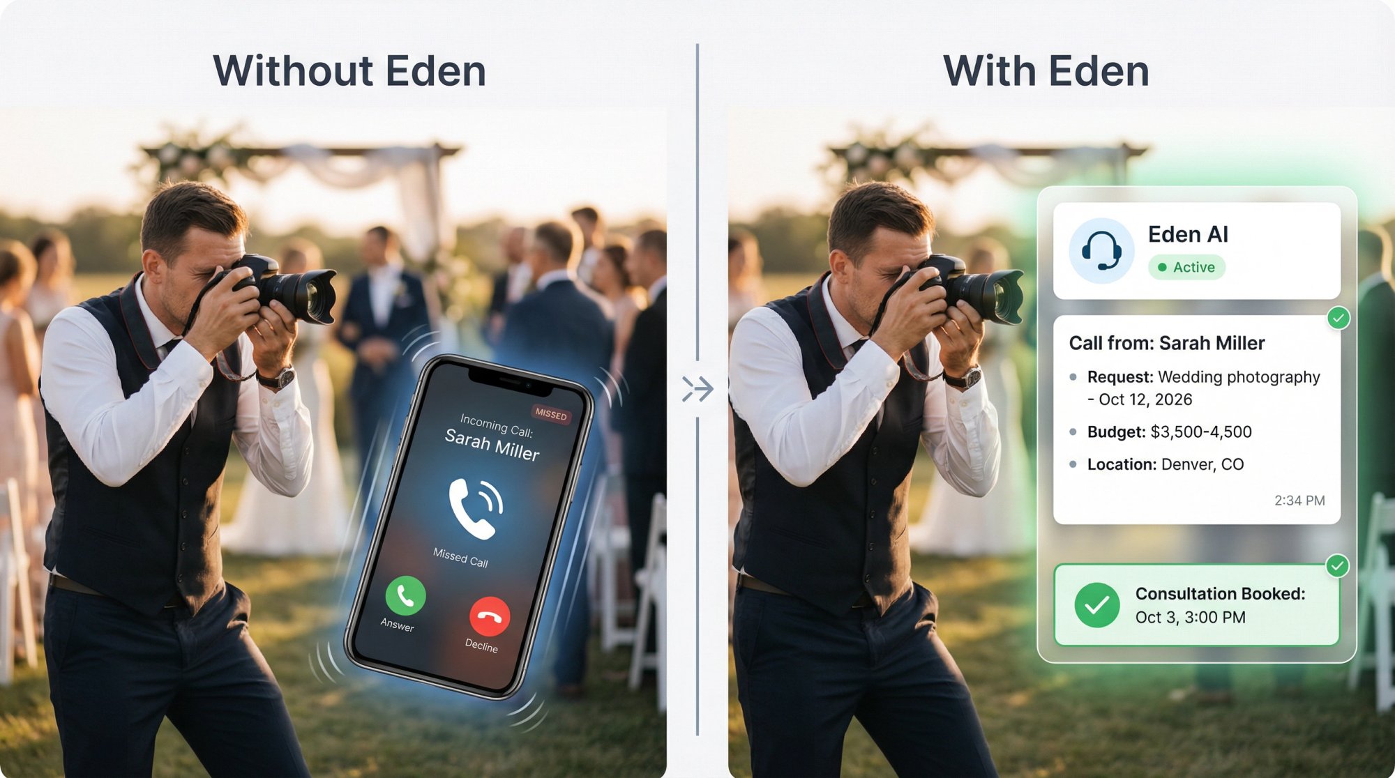 Split-screen comparison showing a photographer missing a call on left vs Eden AI receptionist capturing the lead on right, with visible booking confirmation