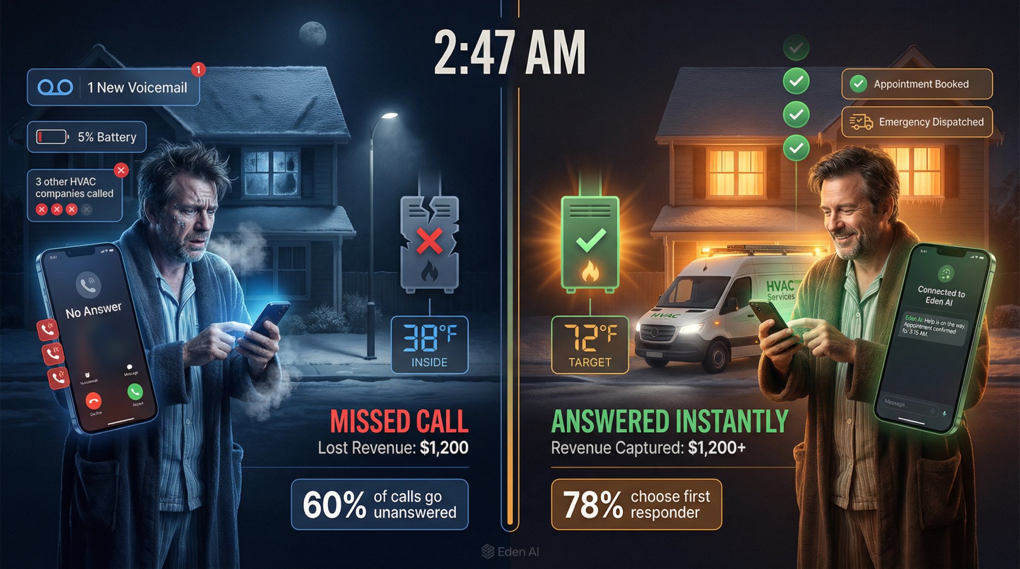 Split comparison showing missed HVAC emergency calls at night vs professional 24/7 answering service response