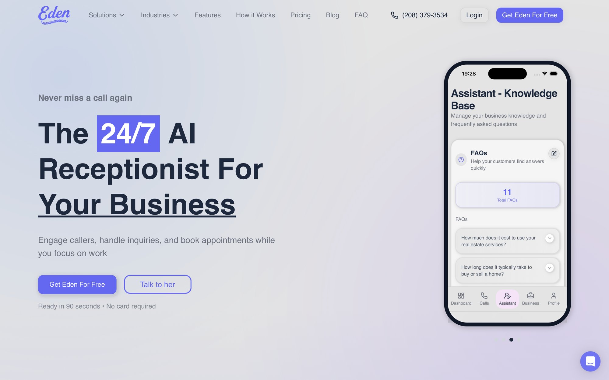 A website for Eden promoting a 24/7 AI Receptionist, with a mobile app screenshot of its Assistant Knowledge Base.