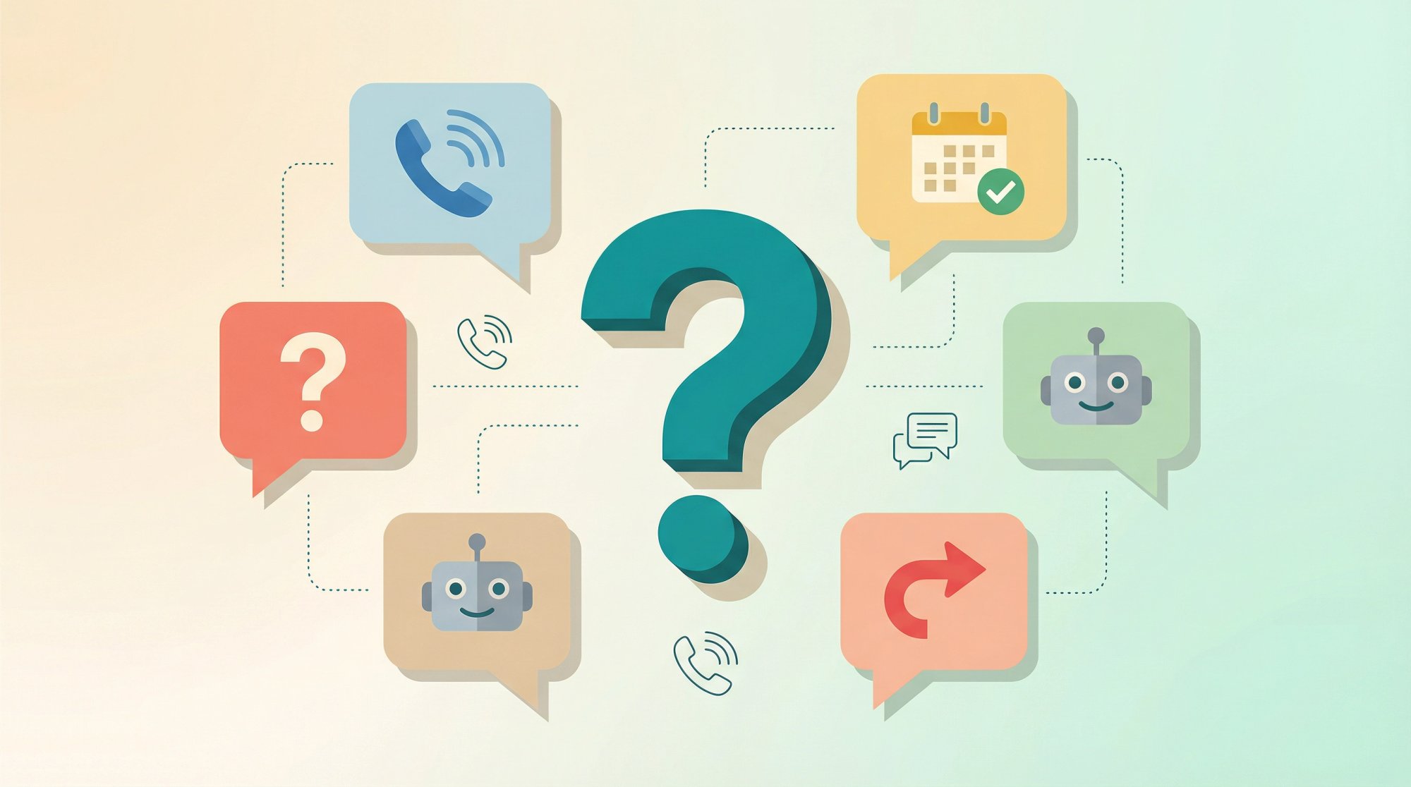 FAQ visual showing question bubbles about call handling services with phone and calendar icons