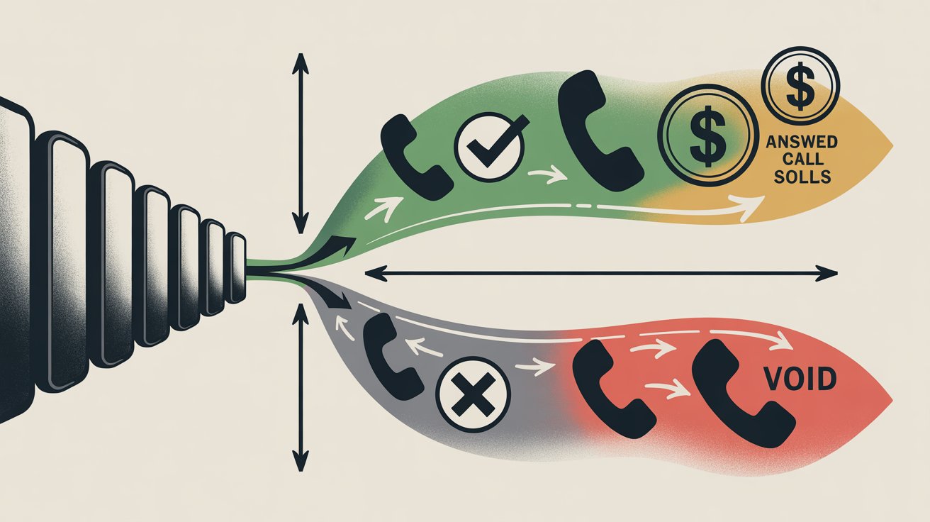 Professional business flow diagram showing answered HVAC calls converting to revenue versus missed calls becoming lost opportunities