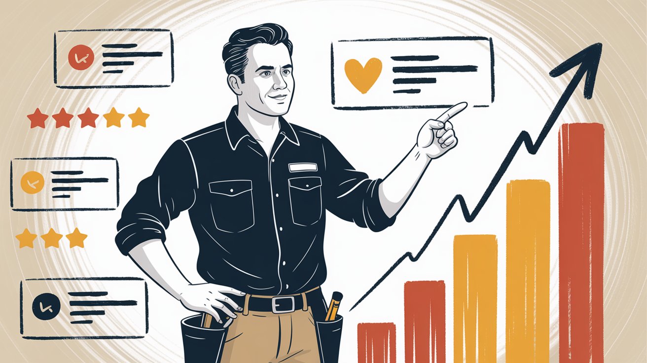 Contractor with rising growth chart and customer review ratings, illustrating Google Business Profile optimization success