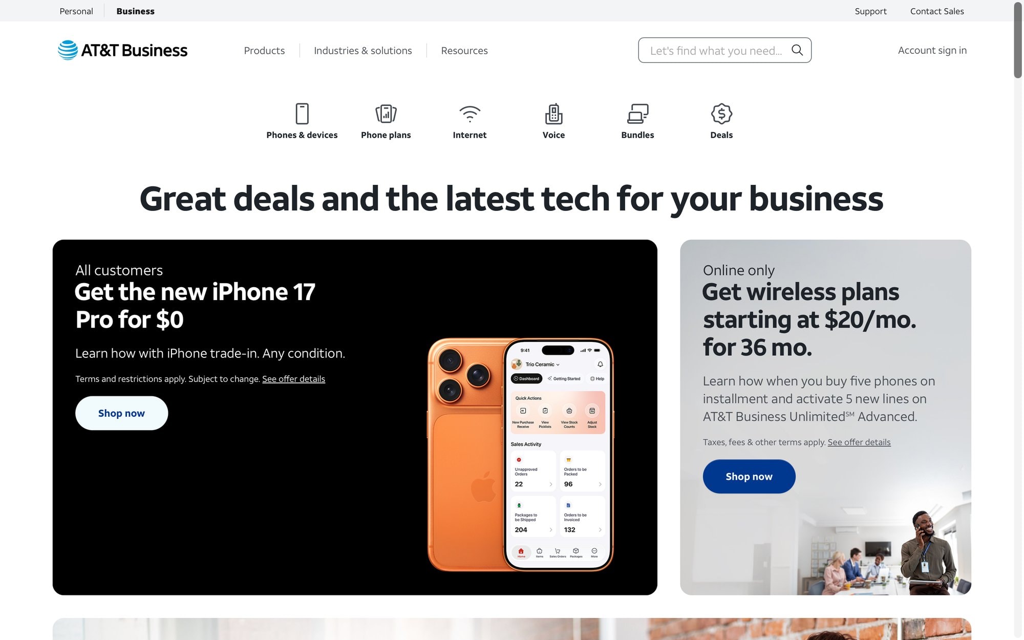 AT&T Business homepage showcasing deals on the new iPhone 17 Pro and wireless plans for businesses.