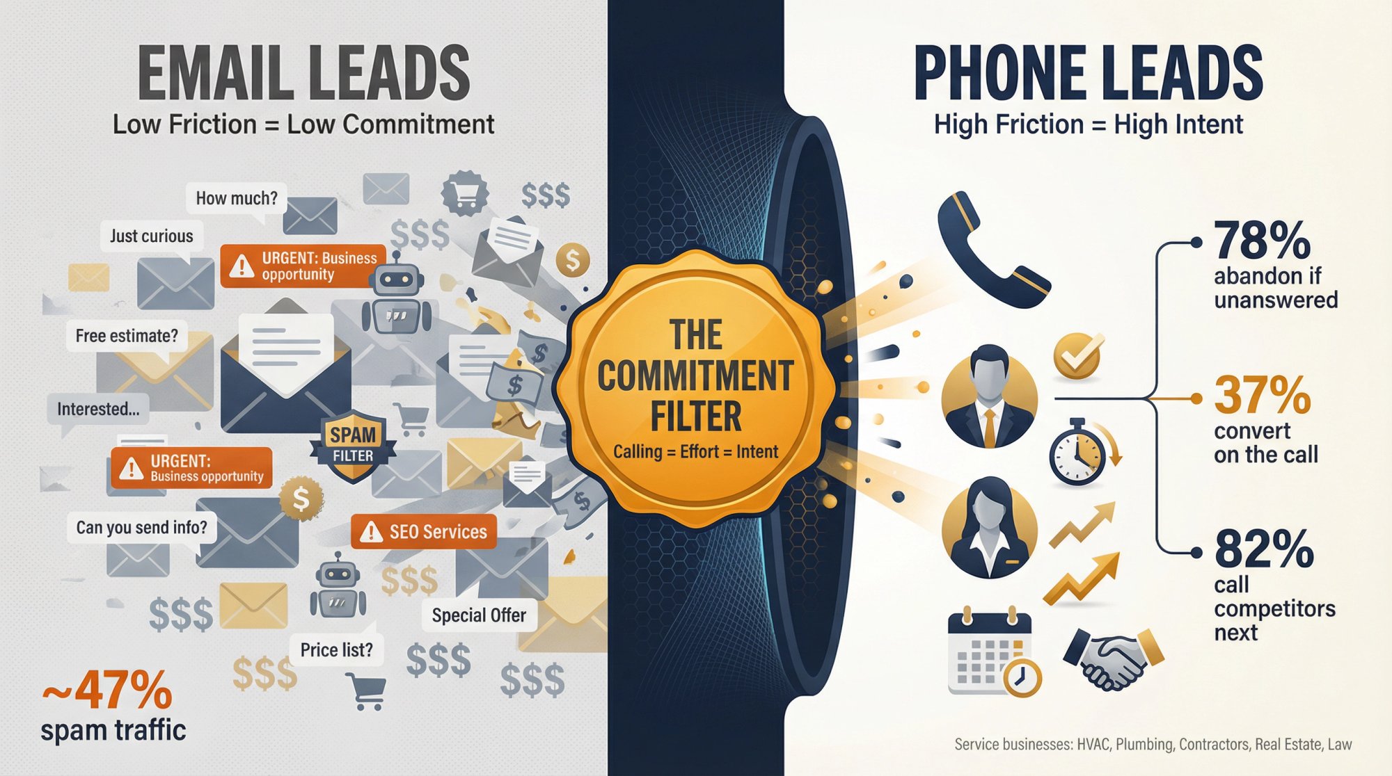Split composition showing email as low-friction noise versus phone calls as high-intent filtered leads