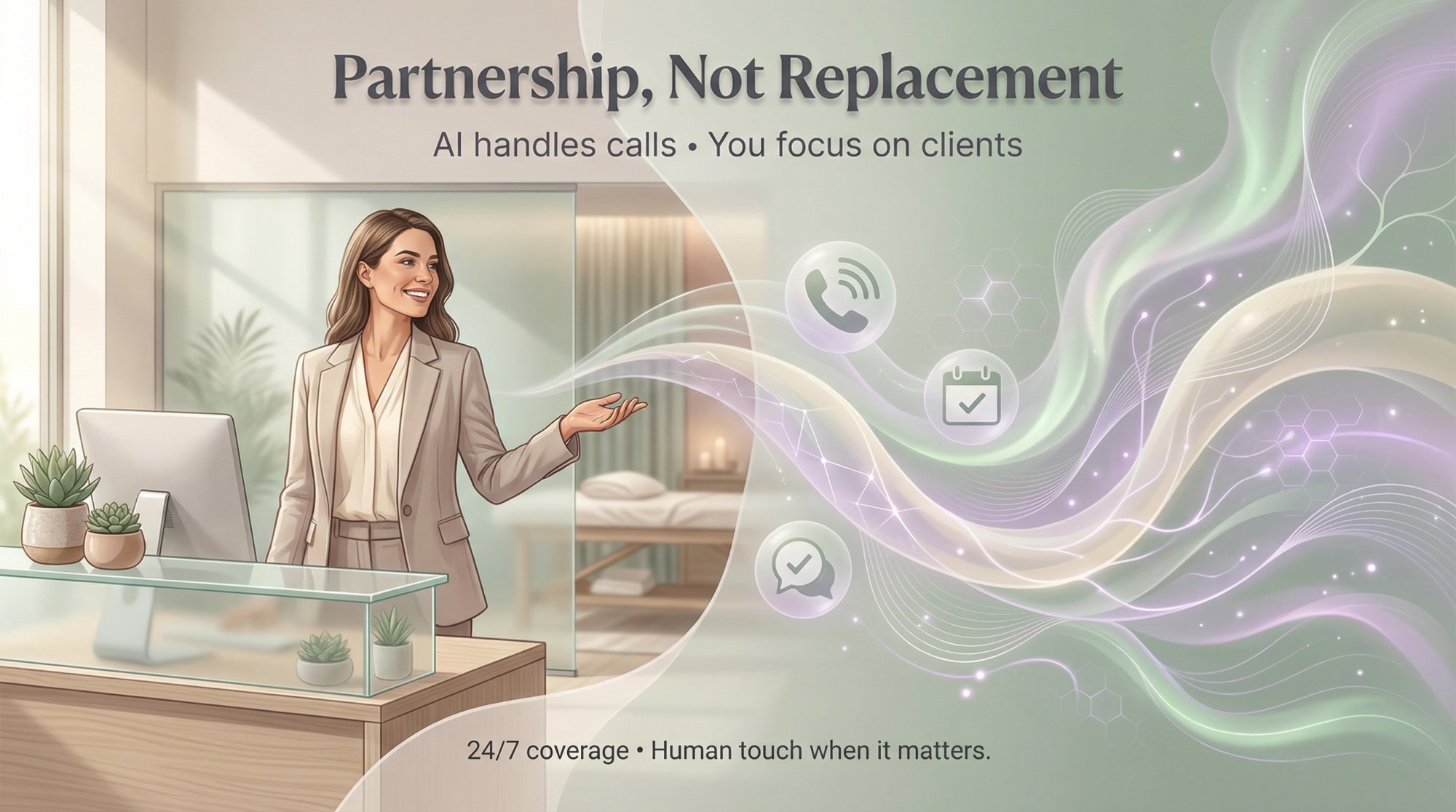 Conceptual illustration showing harmonious human-AI collaboration in a modern med spa reception environment