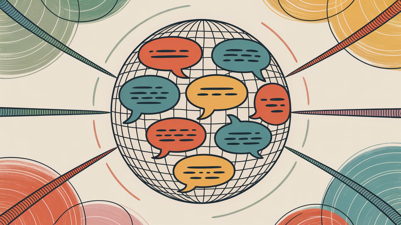 Global communication illustration with multilingual speech bubbles representing bilingual AI capabilities