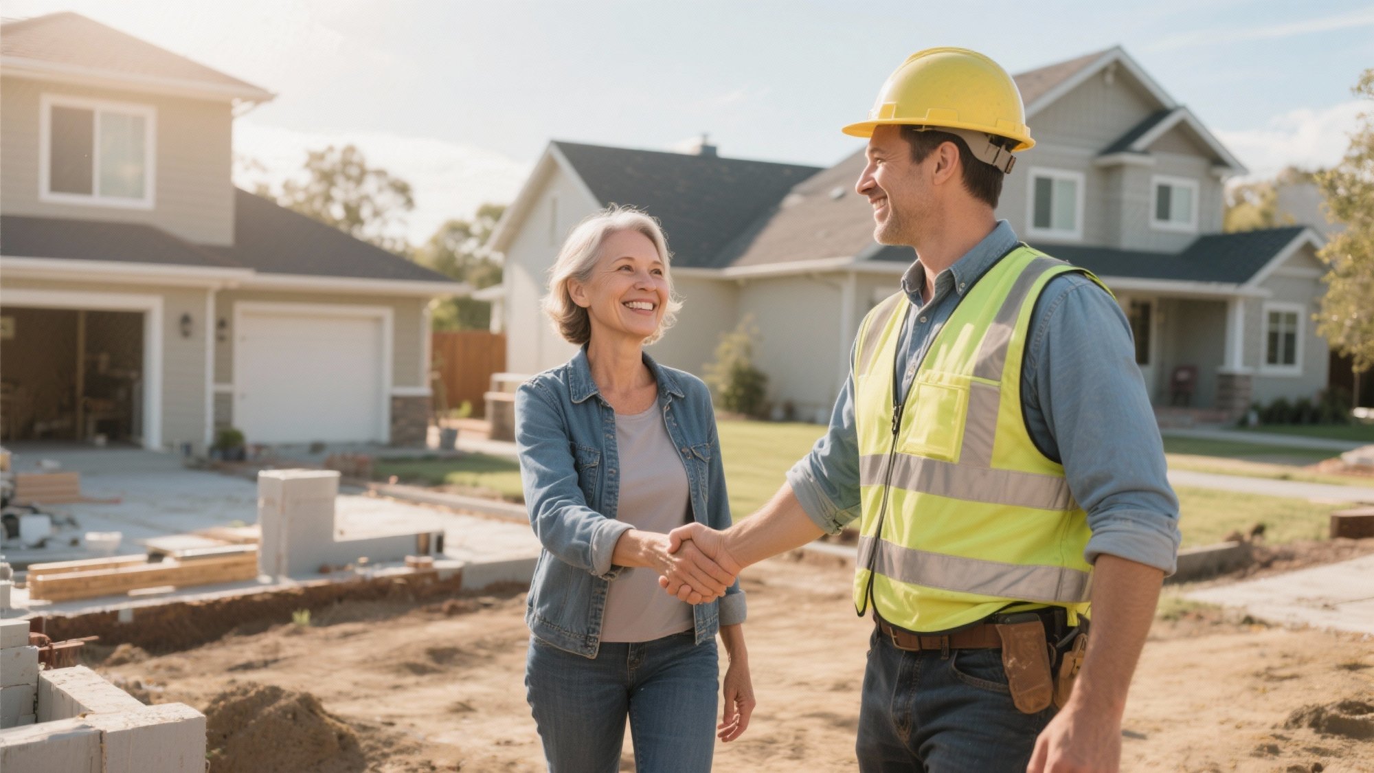 Professional contractor in safety vest and hard hat shaking hands with satisfied homeowner client at completed residential construction project