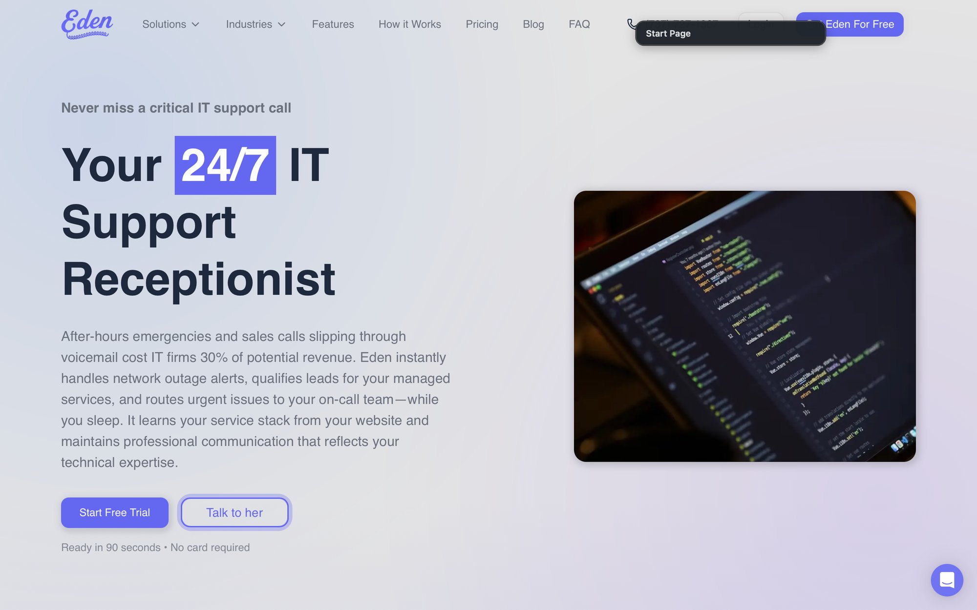 Landing page for Eden, an IT support service, featuring a 24/7 support headline and a laptop with code.