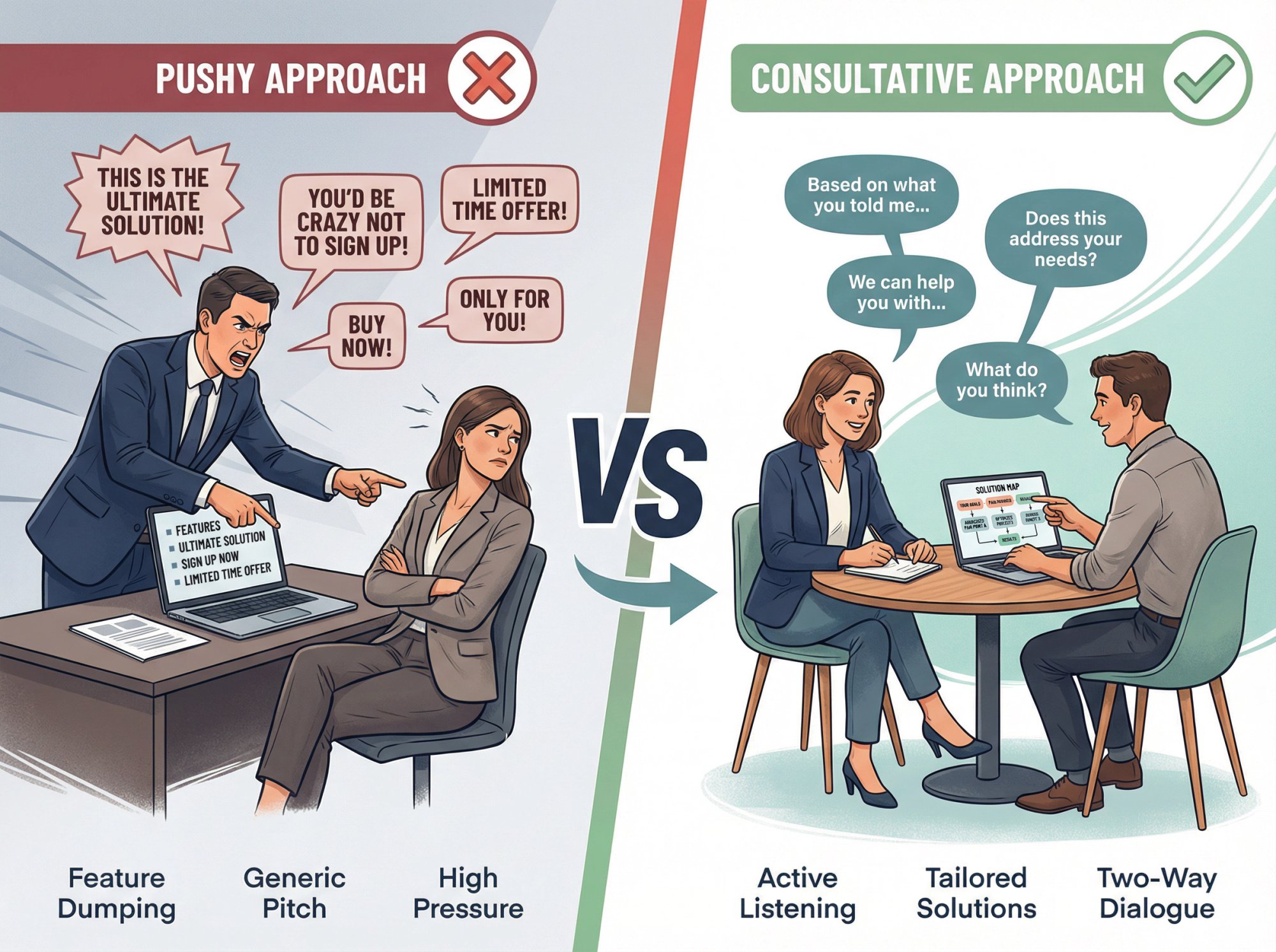 Side-by-side comparison of pushy sales pitch versus consultative solution presentation approach