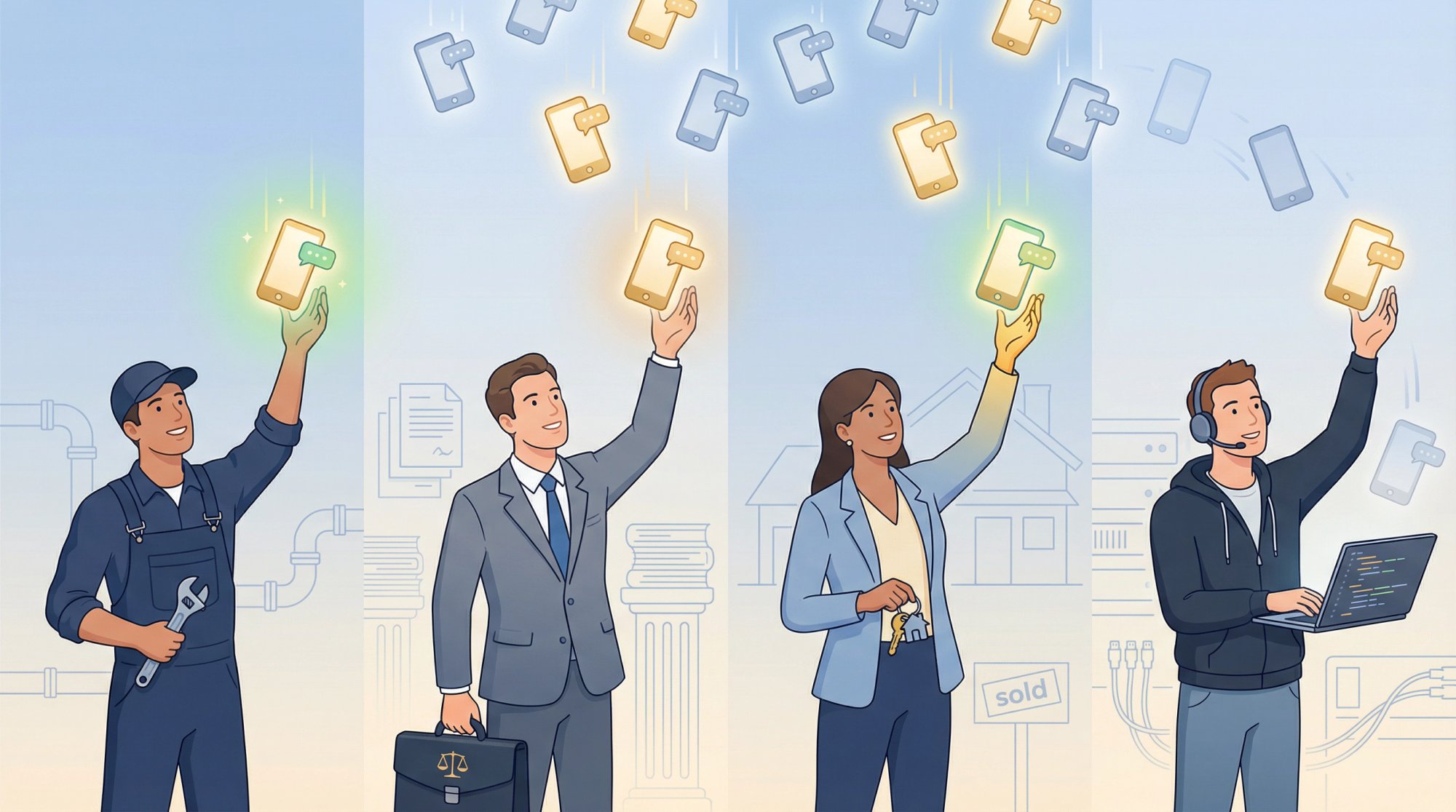 Four industry professionals - plumber, lawyer, real estate agent, IT technician - reaching to catch incoming phone calls representing leads