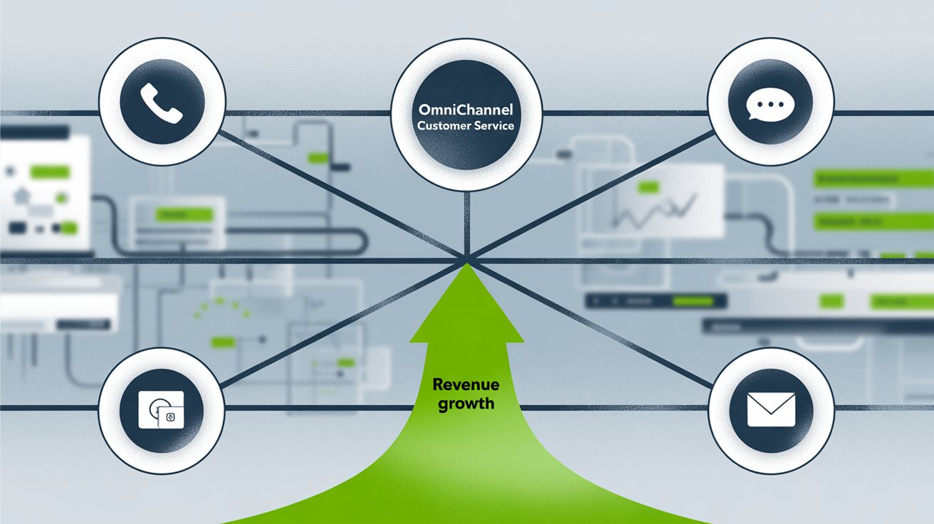 Multiple customer service channels converging into revenue growth visualization showing business impact of omnichannel strategy