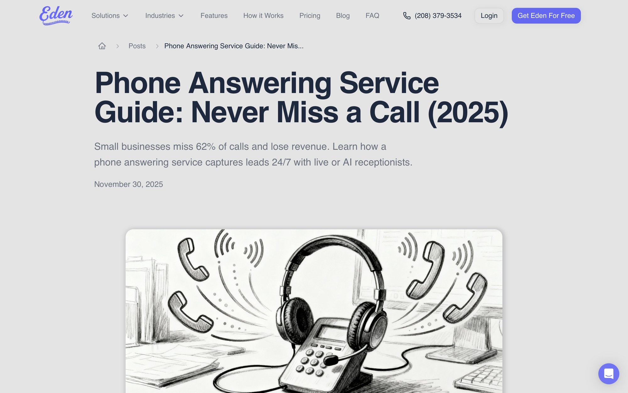 A sketch of a busy desk with a phone, headset, and multiple ringing phone icons representing call answering.