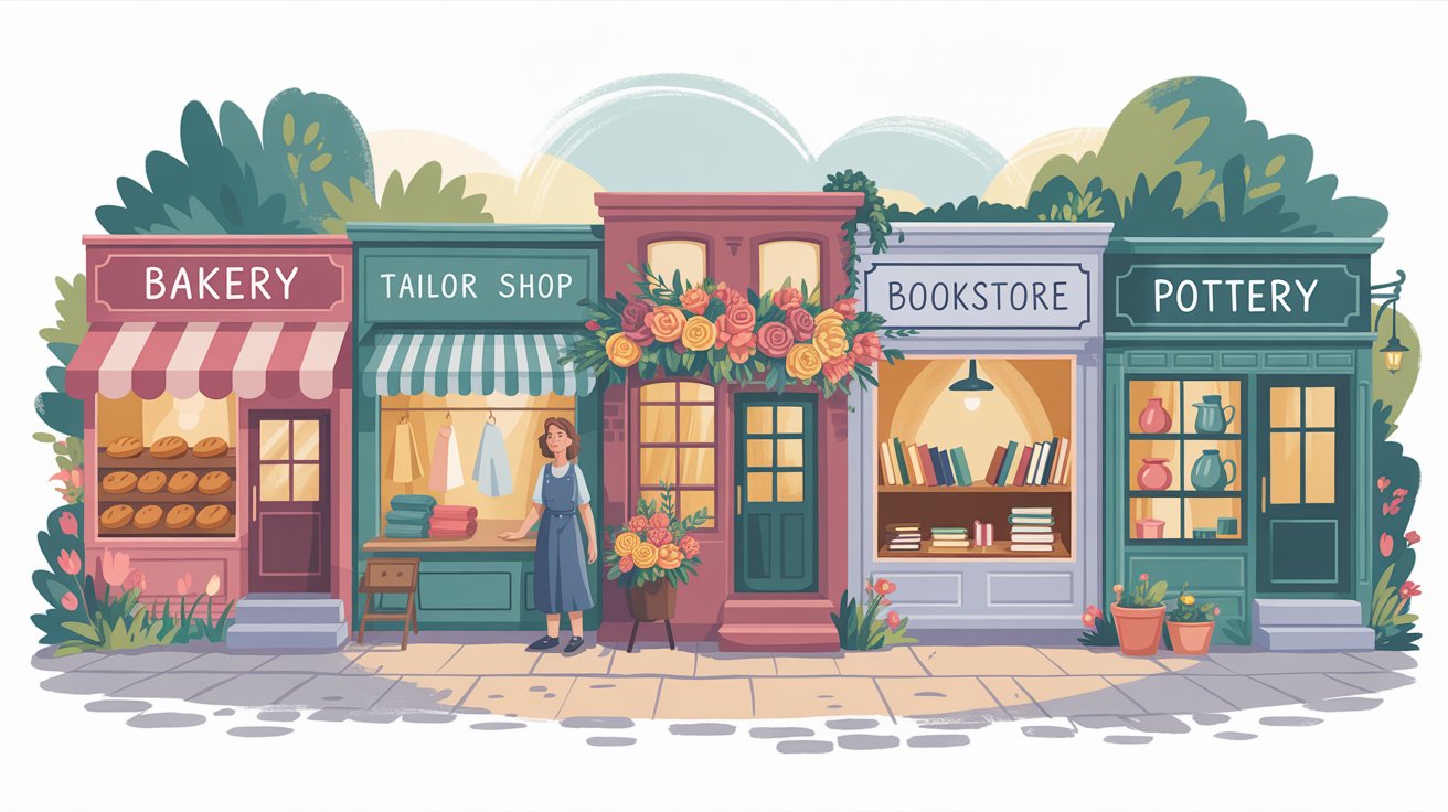 Collection of diverse small business storefronts including bakery, tailor shop, bookstore, and pottery store