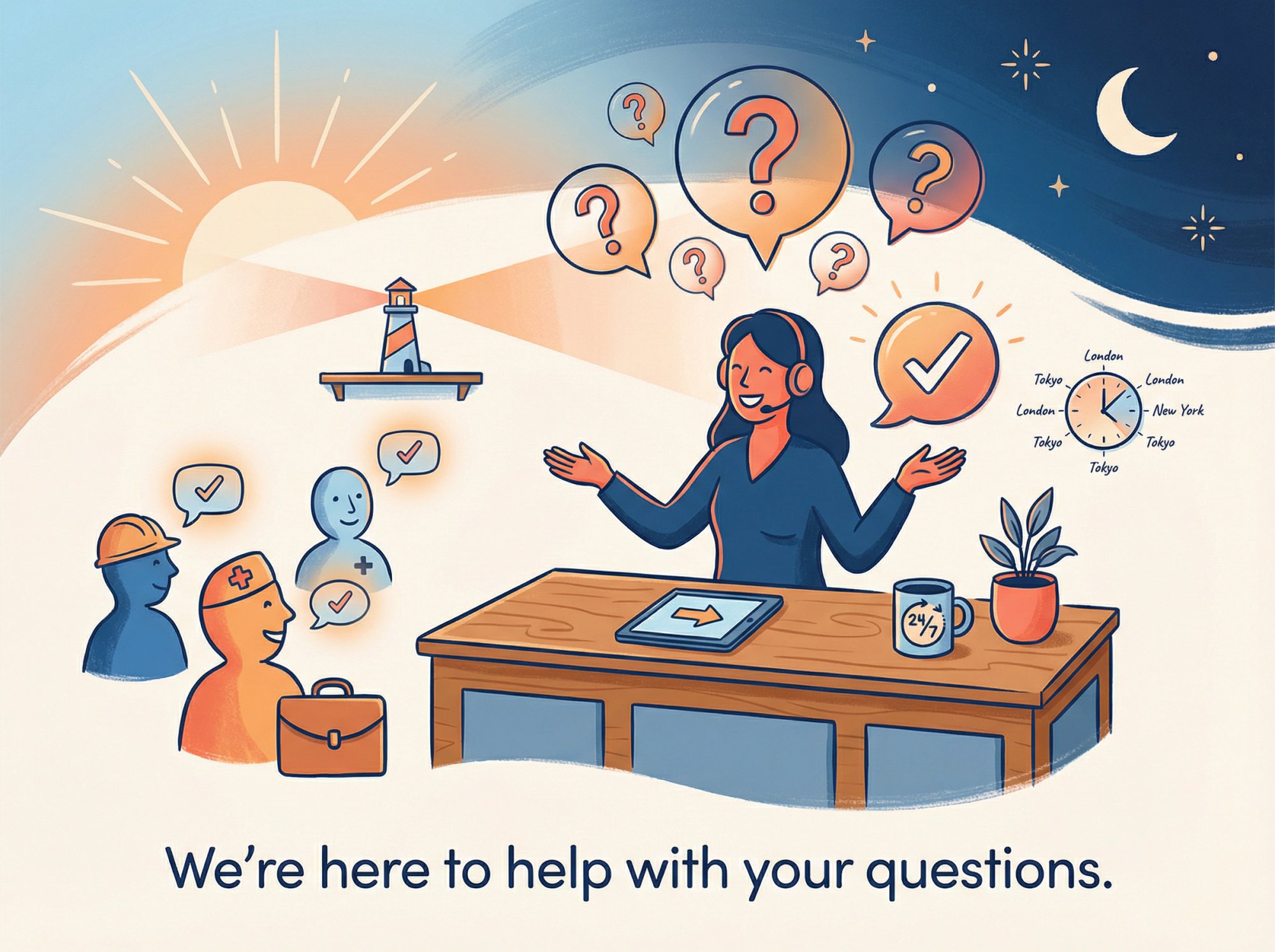 Friendly illustrated Q&A support concept showing helpful emergency answering service guidance