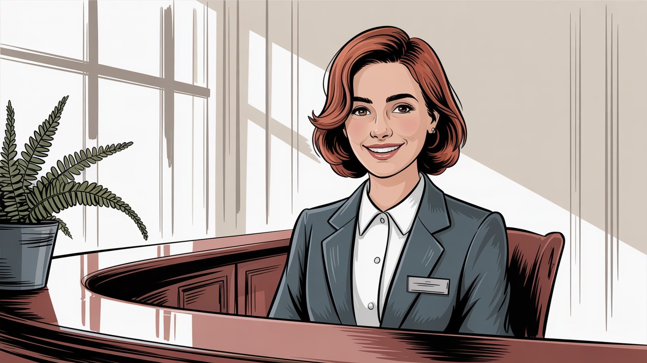 Professional receptionist smiling warmly at reception desk ready to answer phone