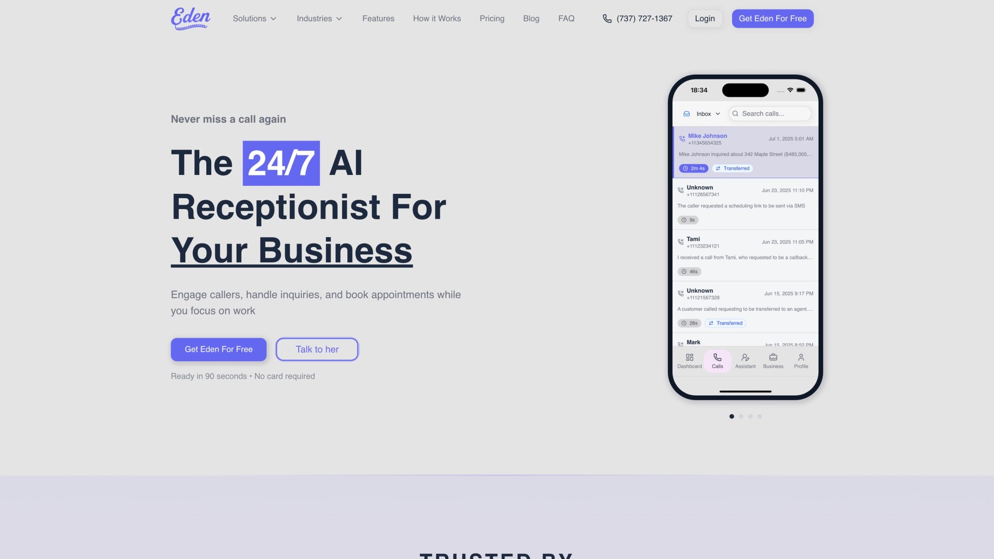 Eden AI receptionist homepage showing 24/7 answering service features and pricing plans