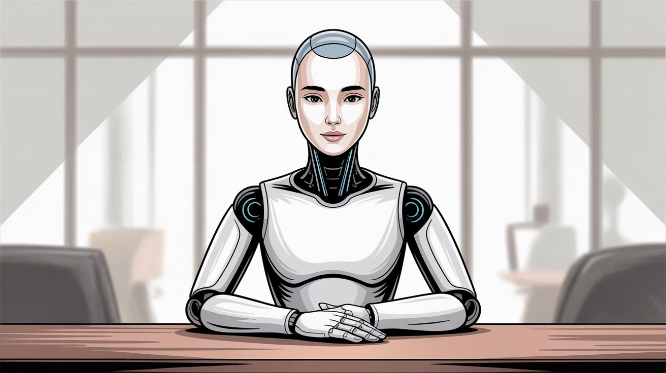Professional AI receptionist illustrated as a humanoid robot ready to answer calls in a modern office setting
