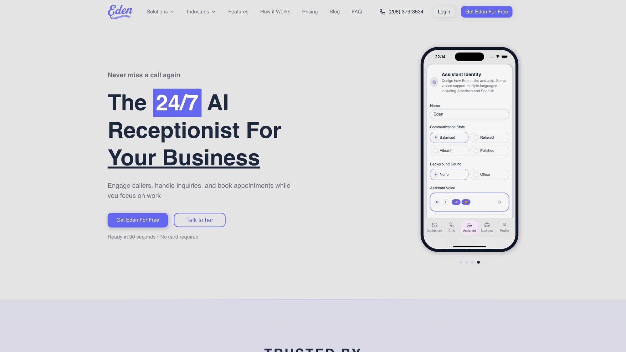 A website hero section promoting Eden's 24/7 AI receptionist for businesses, with a smartphone showing assistant customization.