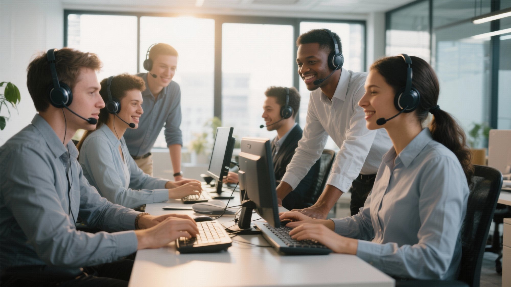 Professional customer service team collaborating at modern office with headsets and computers, showing diverse team members working together in natural lighting