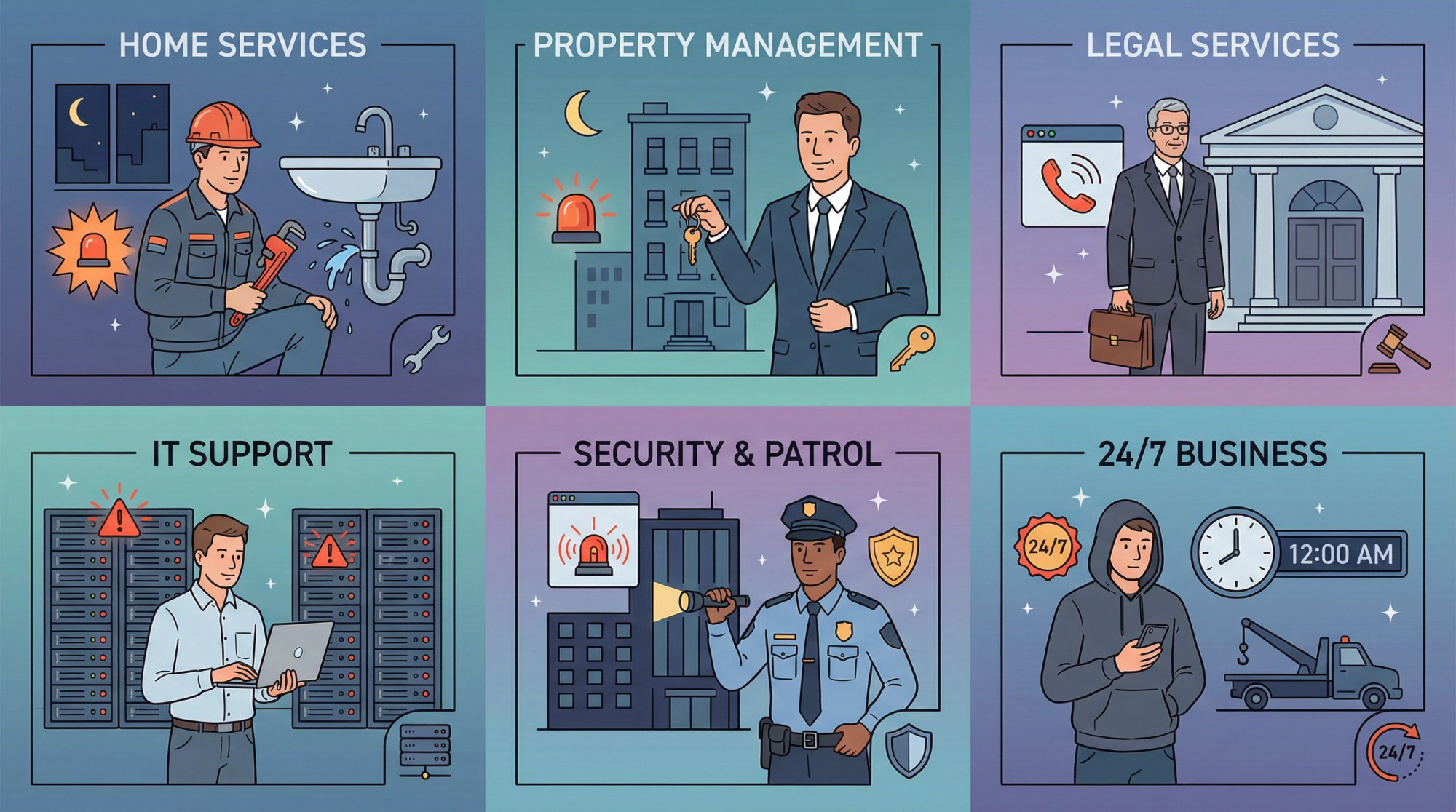 Six business industries requiring 24/7 emergency answering services illustrated in grid format