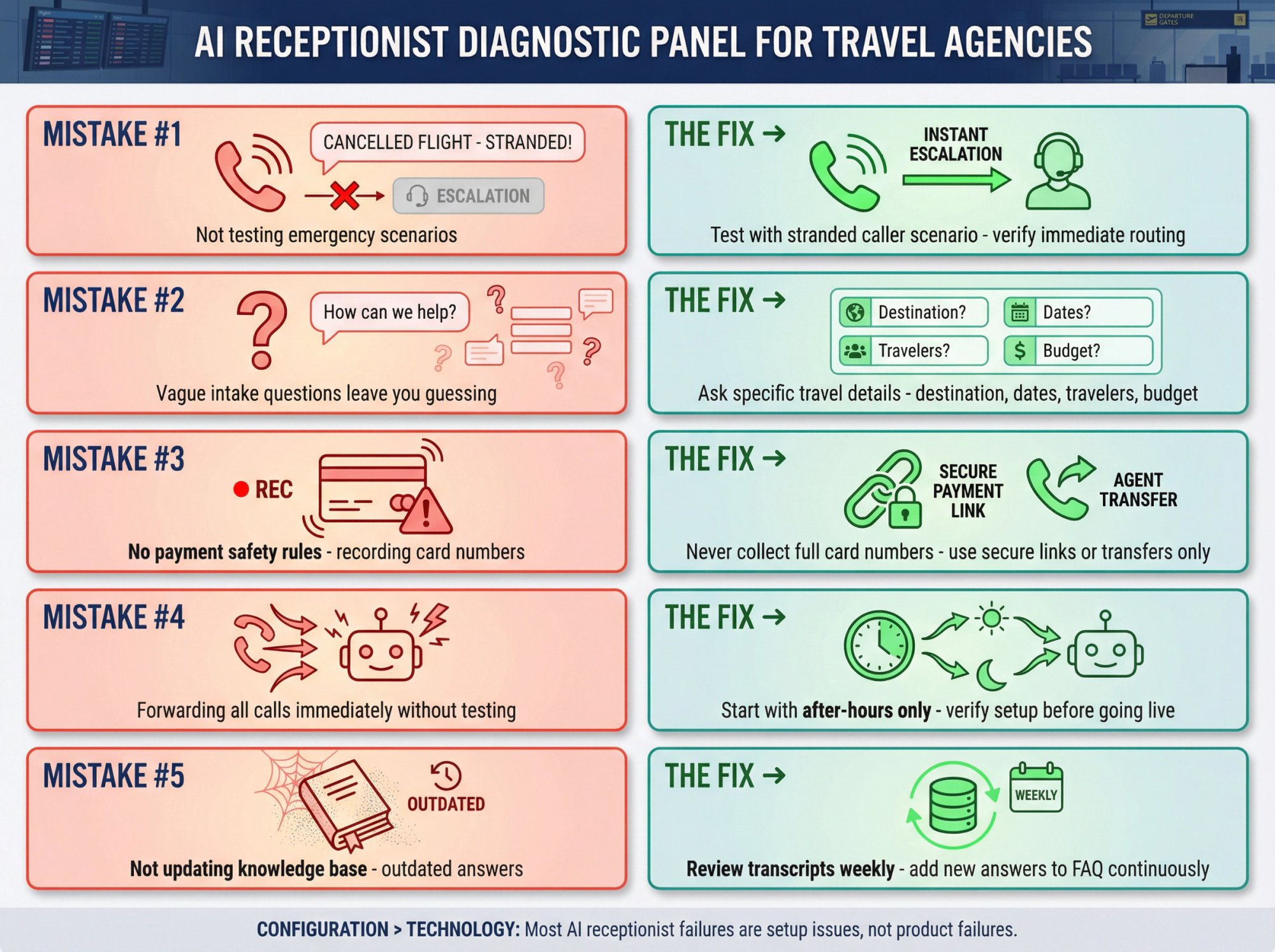 Five-panel diagnostic infographic showing common AI receptionist mistakes and their fixes for travel agencies