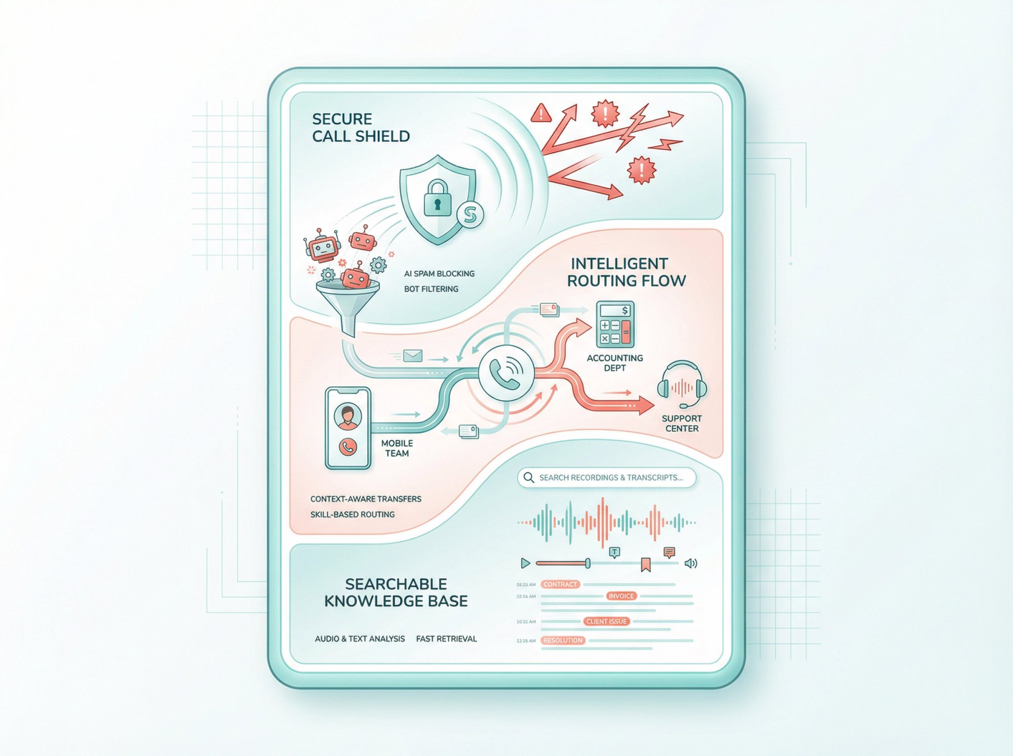 Eden AI receptionist feature dashboard showing spam blocking, call transfers, and searchable recordings