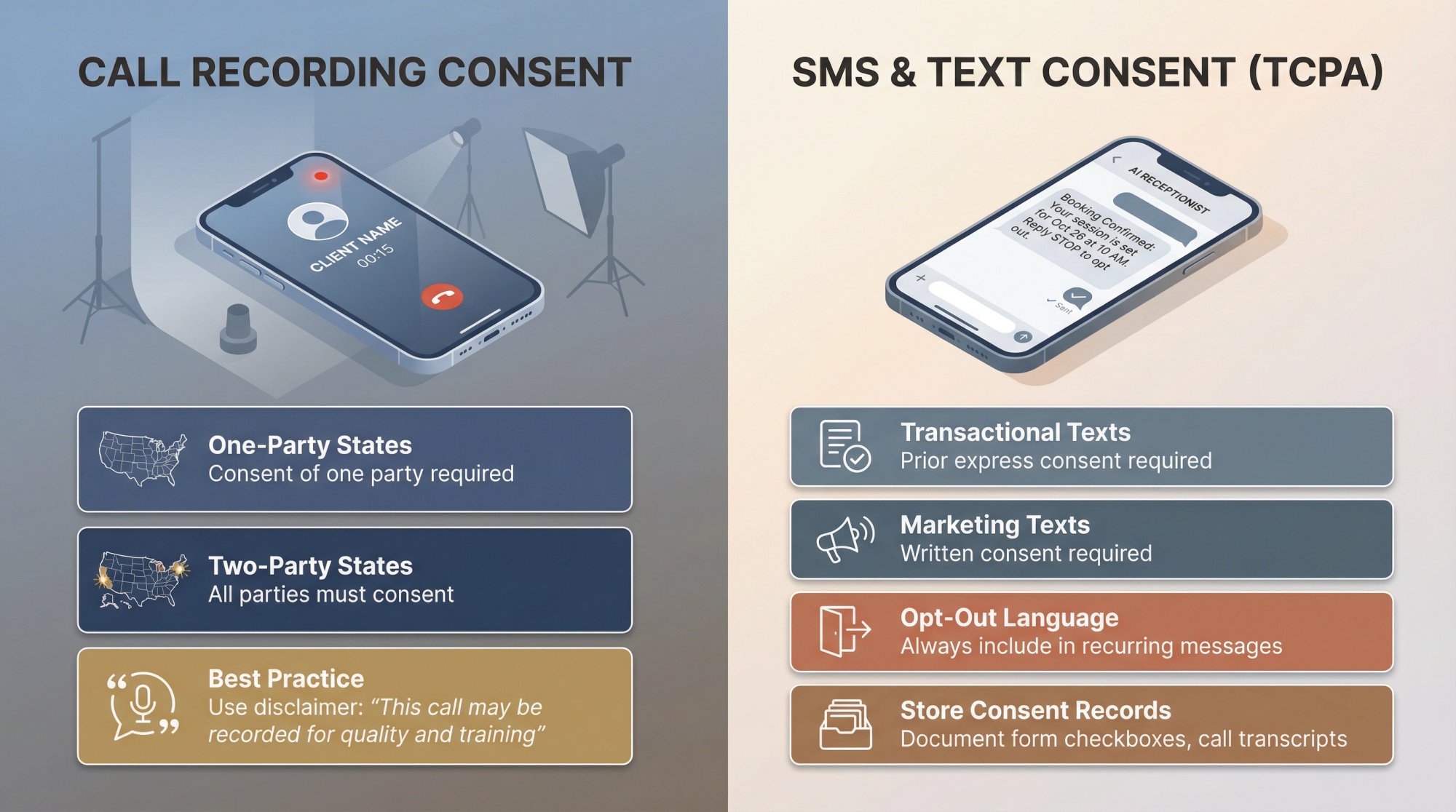 Two-panel visual guide showing call recording consent requirements and TCPA texting compliance rules for photographers