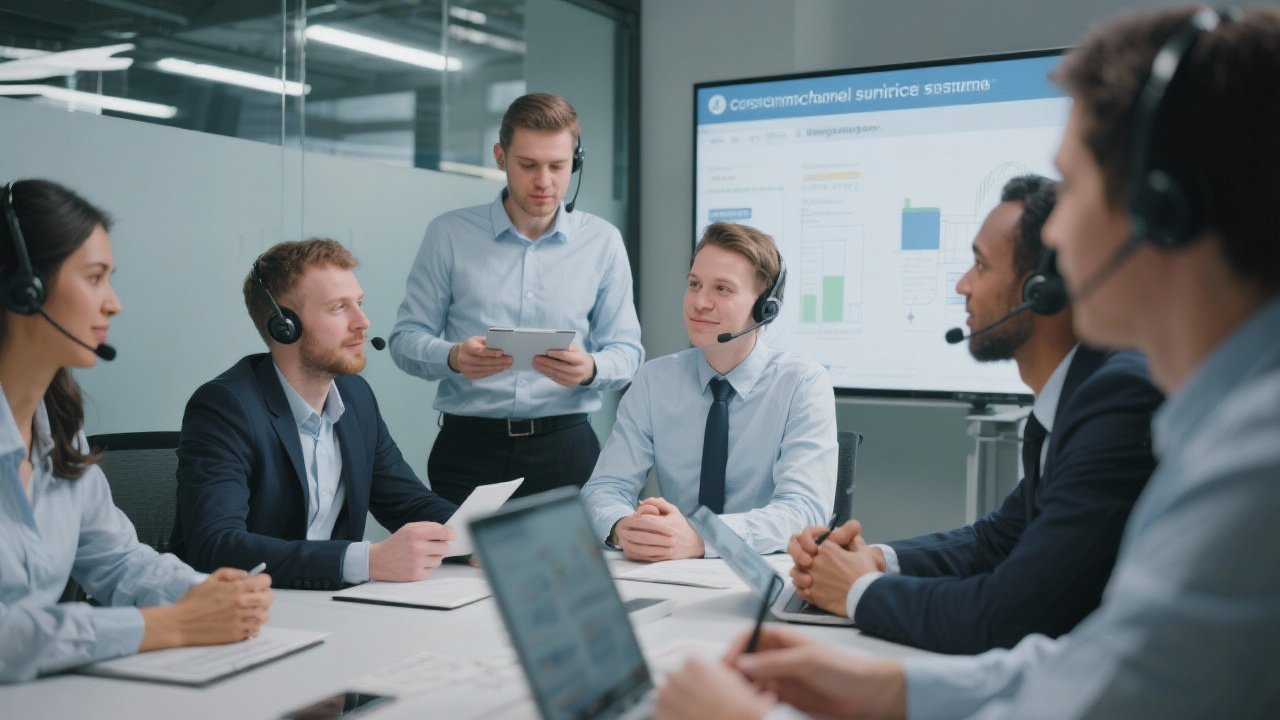 Professional customer service team in training session learning omnichannel support systems with collaborative atmosphere