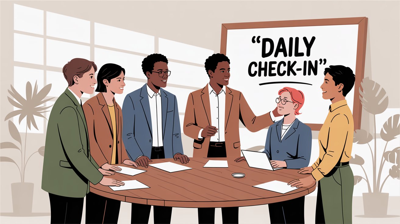 Team standup meeting with collaborative check-in discussion