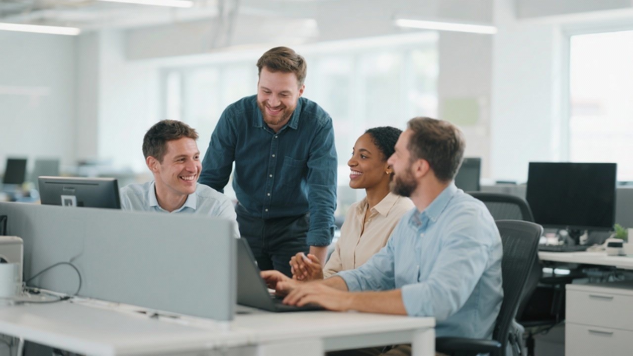 Small business team collaborating and learning together in modern office environment