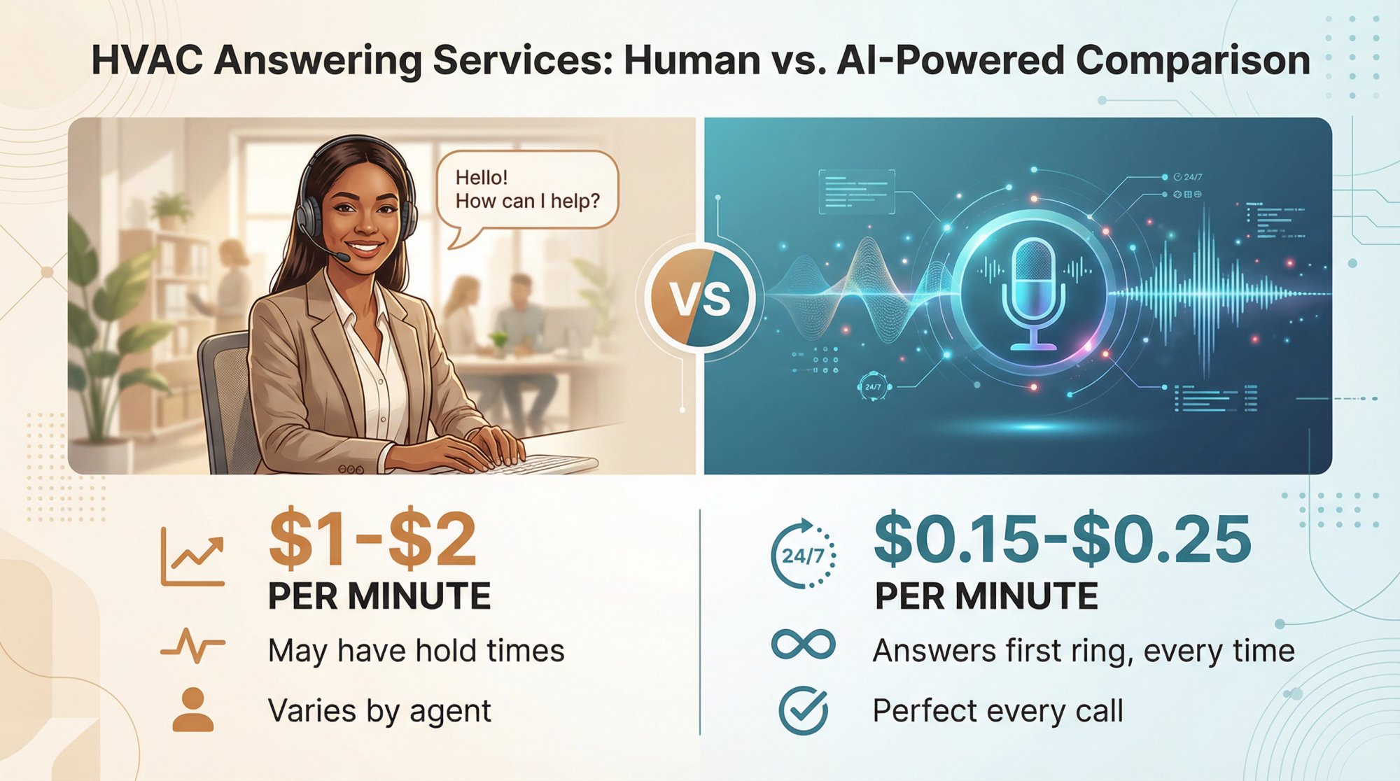 Side-by-side comparison of traditional human answering services versus AI-powered solutions for HVAC businesses