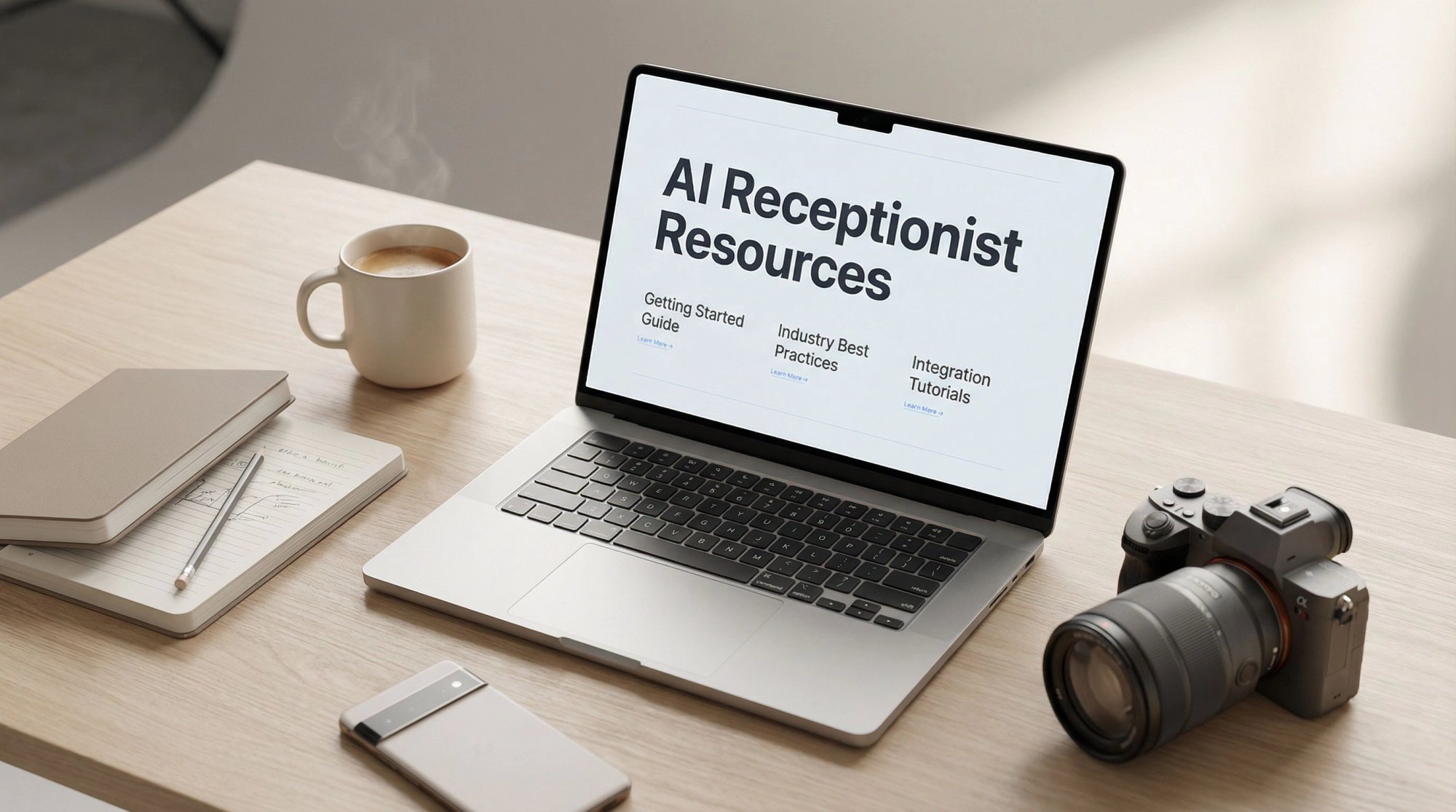Modern photographer workspace with AI learning resources, laptop, and professional camera equipment in editorial style