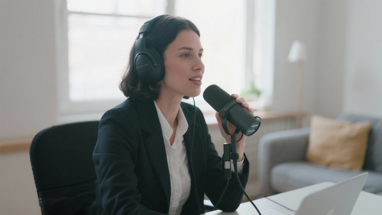 Professional woman recording voicemail greeting with headset microphone in home office