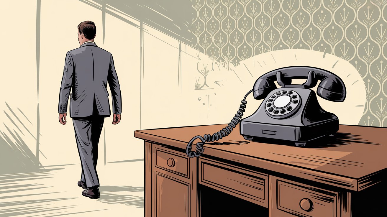 Business professional walking away from ringing unanswered phone representing missed customer opportunities