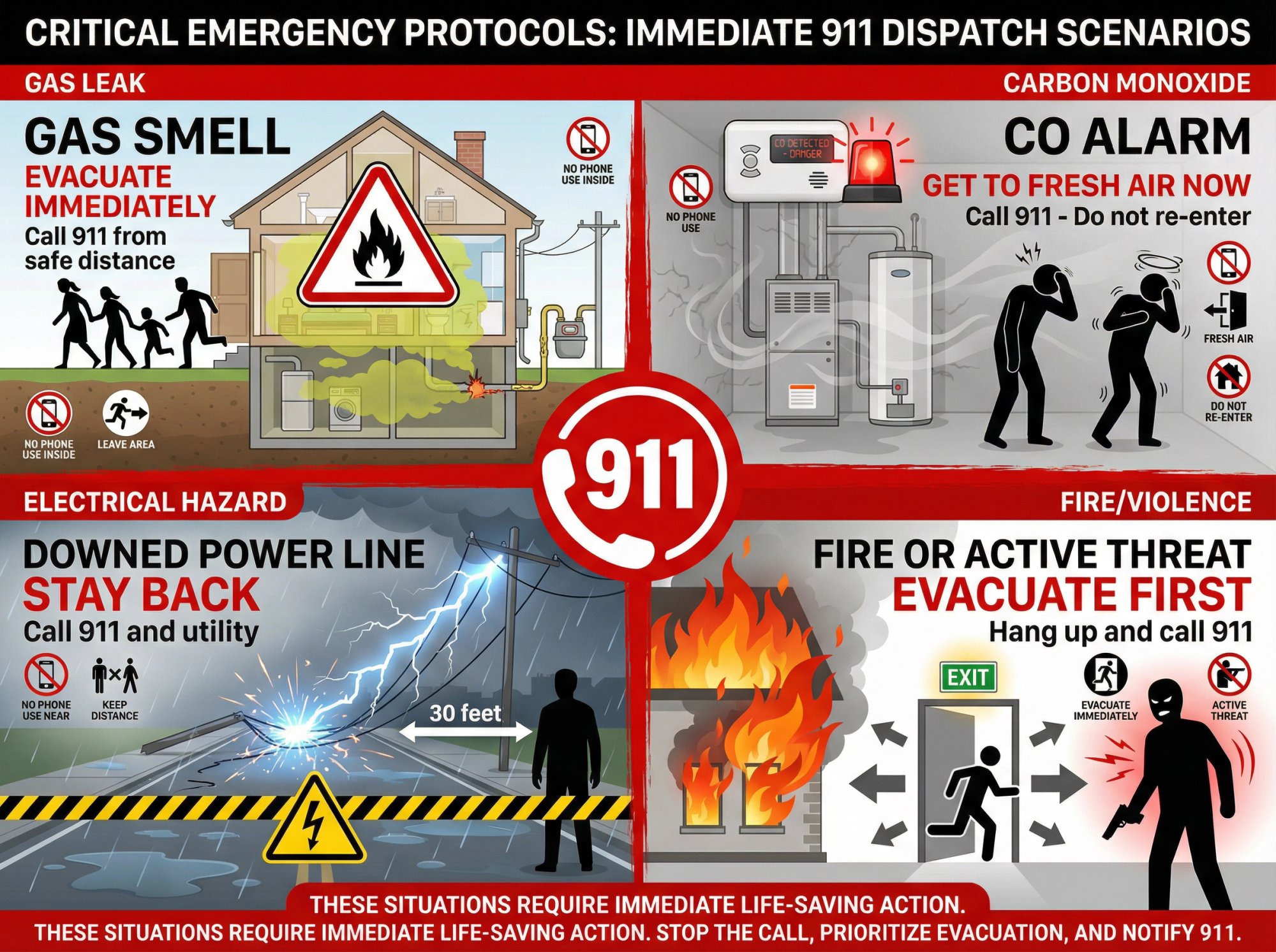 Four critical 911 emergency scenarios: gas leak evacuation, carbon monoxide poisoning response, downed power line danger, and fire/violence emergency procedures