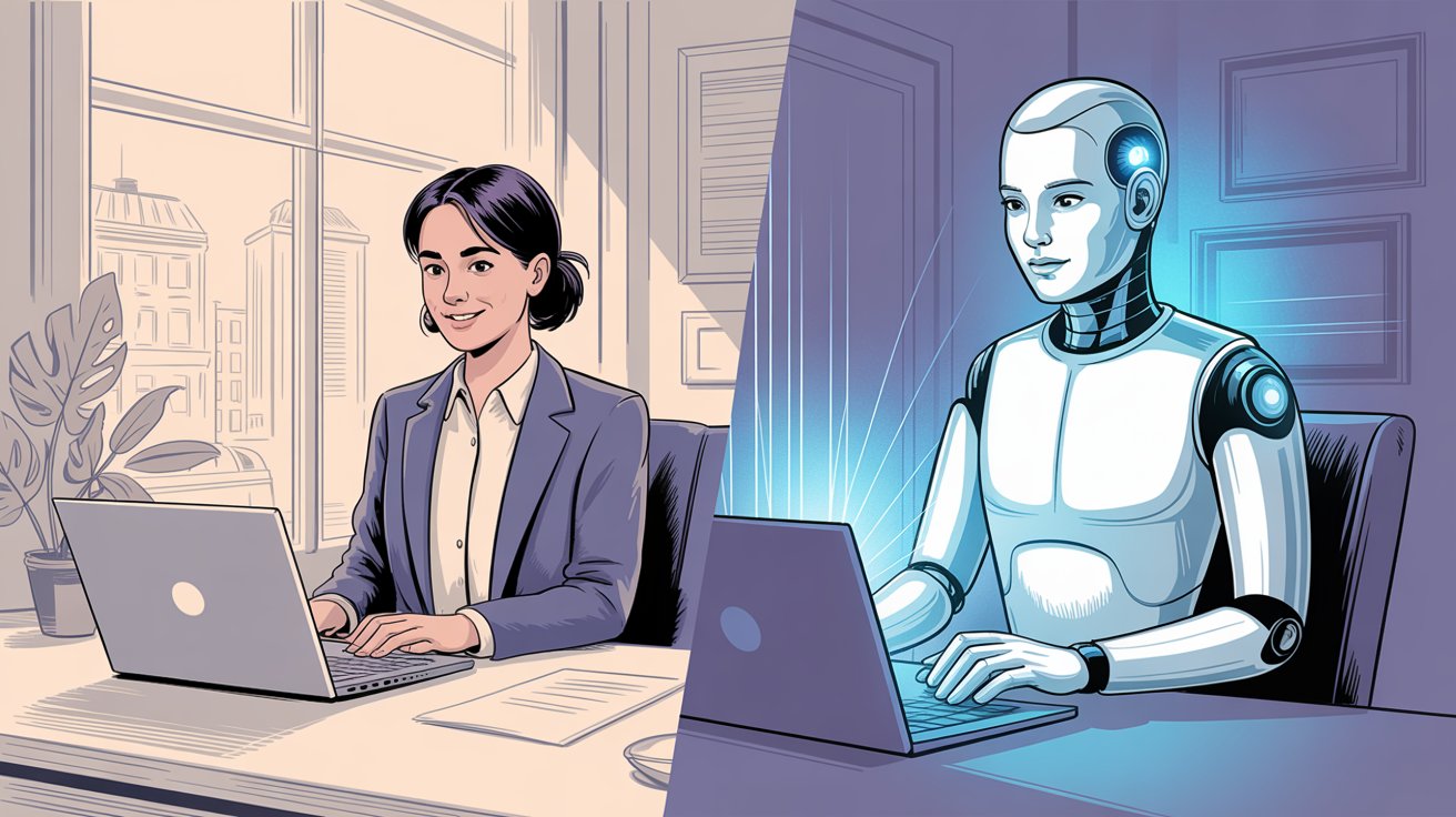 Comparison showing human virtual receptionist and AI virtual receptionist both working remotely to answer business calls