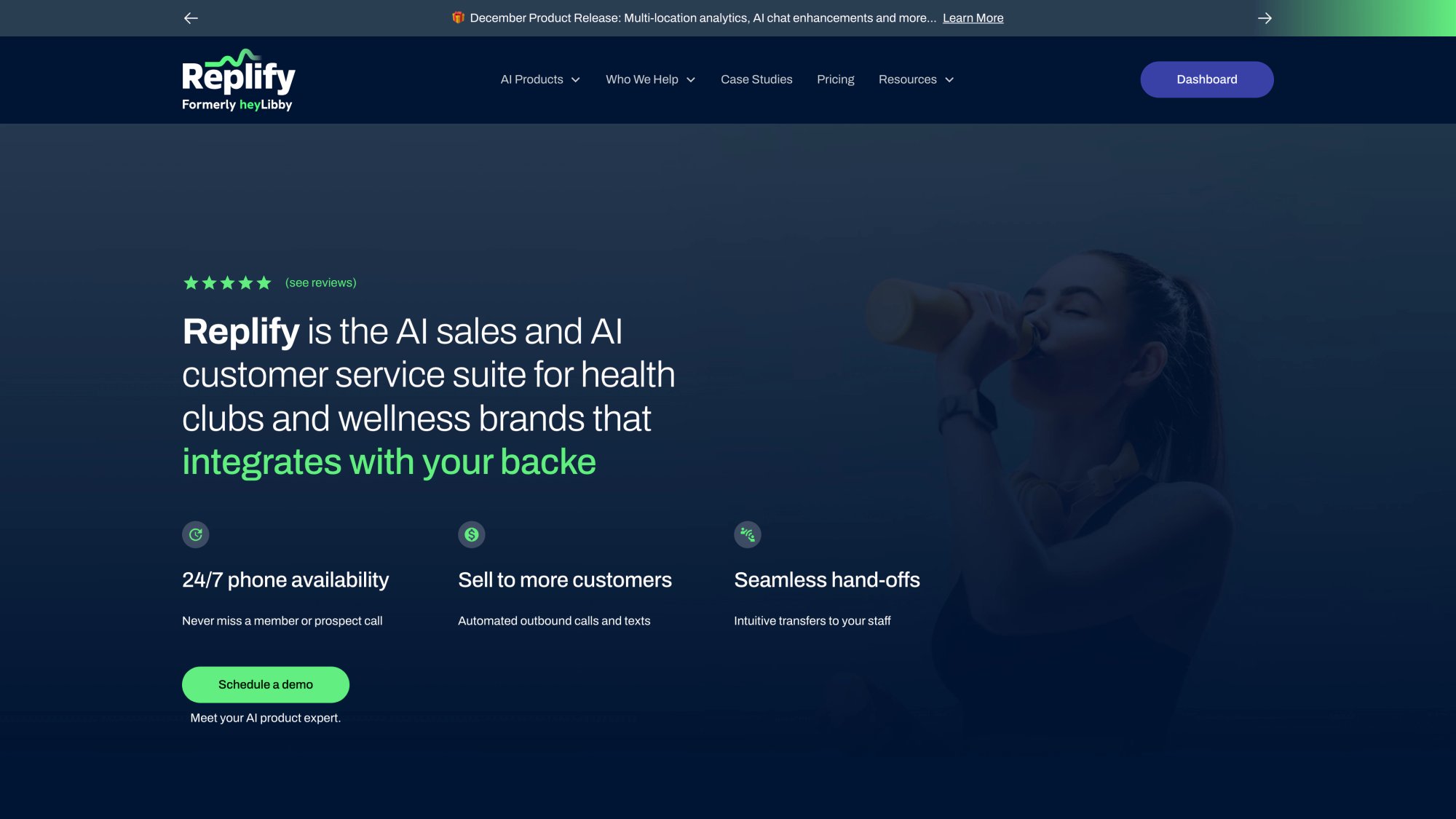 Replify AI homepage showcasing enterprise sales and customer service suite for health clubs and fitness brands