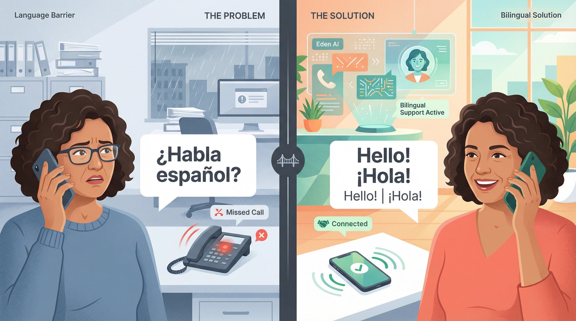 Split illustration showing frustrated Spanish-speaking caller on left versus seamless bilingual service connection on right