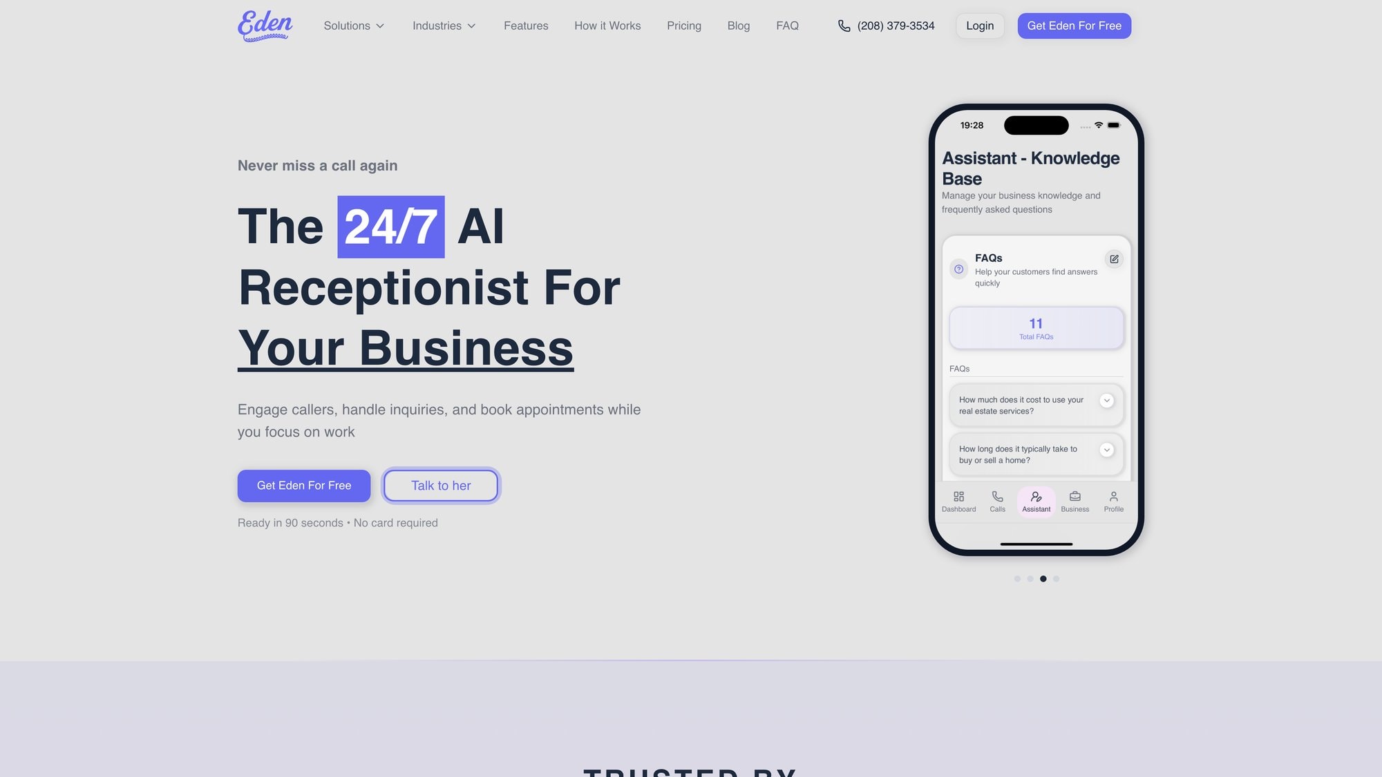 Eden AI receptionist app interface showing knowledge base with FAQ management on mobile screen