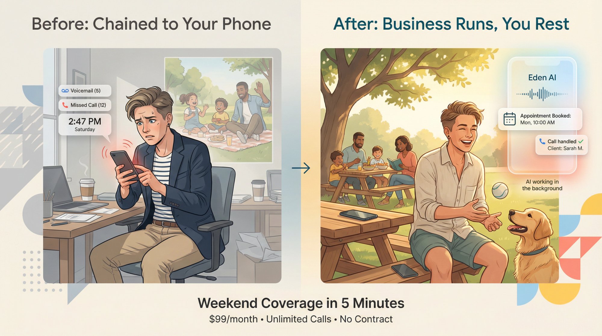 Split-panel illustration contrasting stressed business owner with ringing phone versus relaxed owner enjoying weekend while Eden AI answers calls