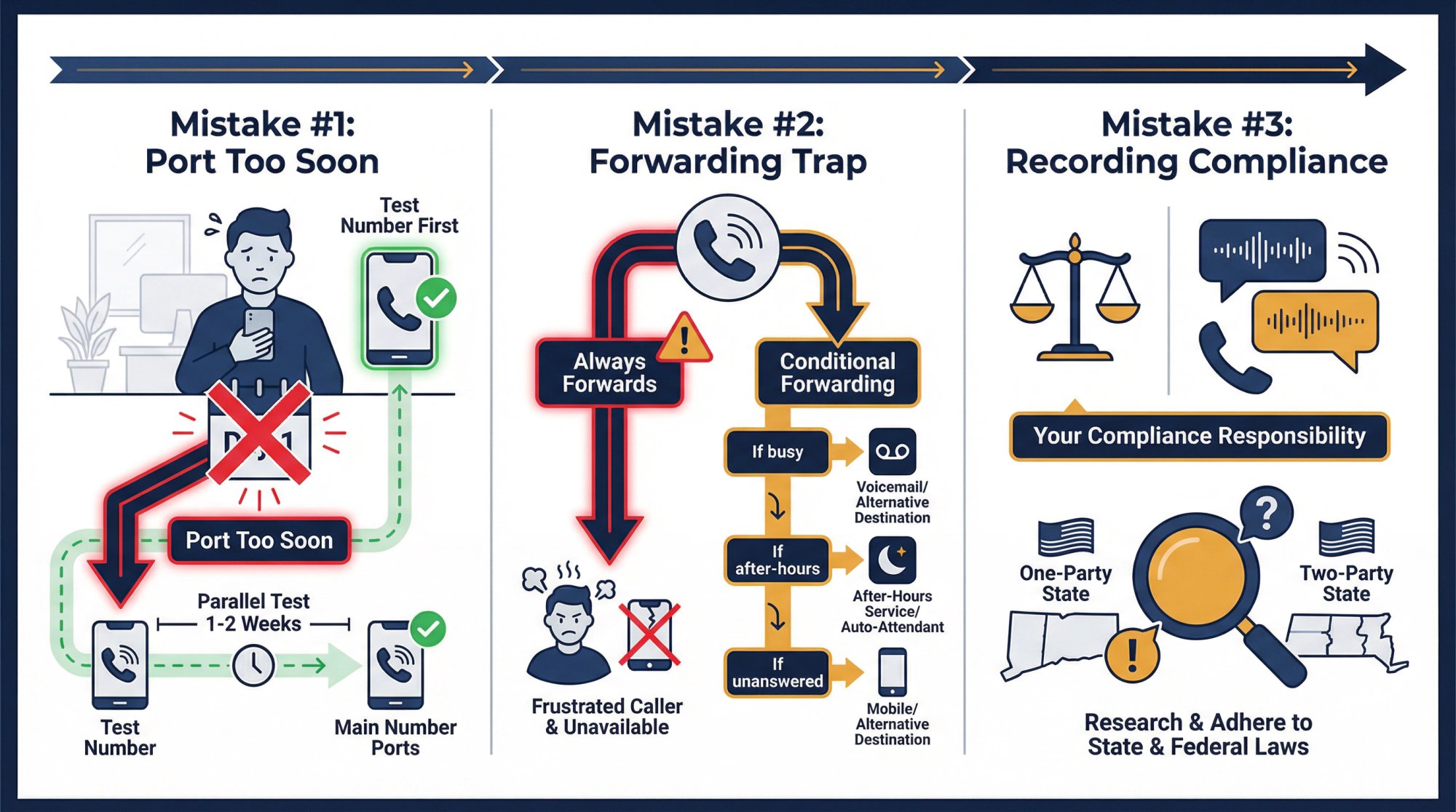 Editorial illustration of three common phone system setup mistakes: porting too soon, forwarding trap, and recording compliance