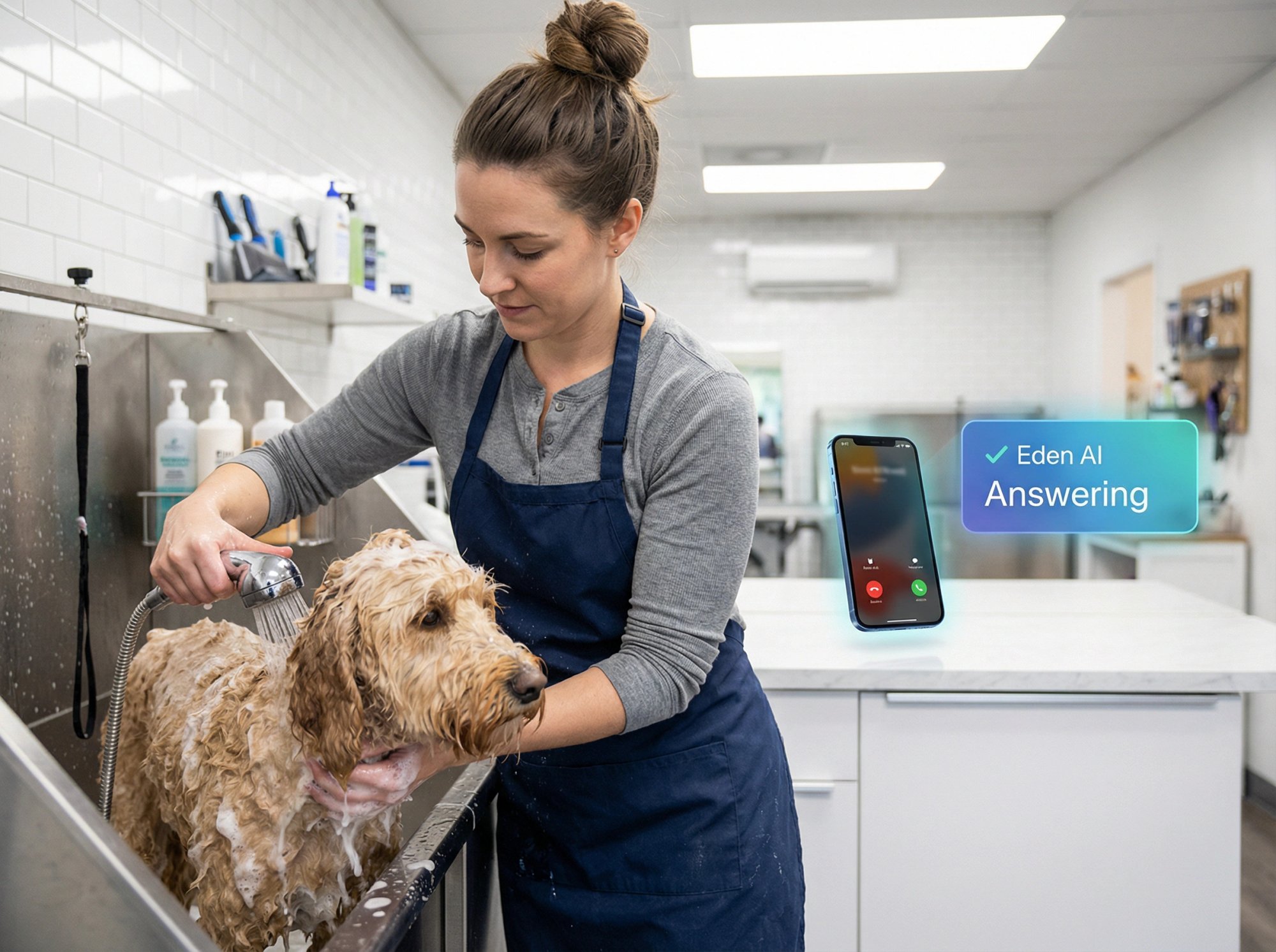 Professional pet groomer bathing wet golden doodle in modern salon while Eden AI handles ringing phone call in background